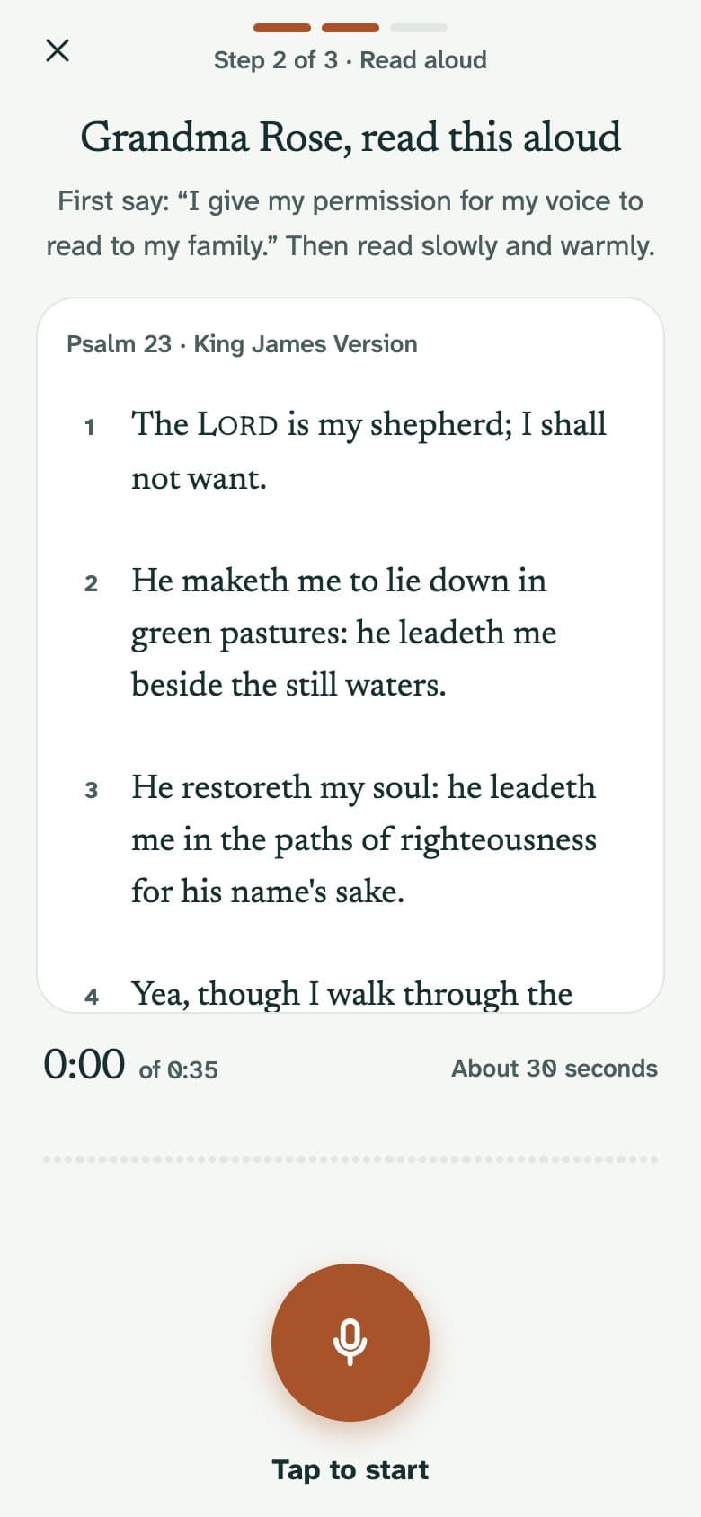The Keepsake recorder: Psalm 23 to read aloud, the permission sentence to say first, and a button to start recording.