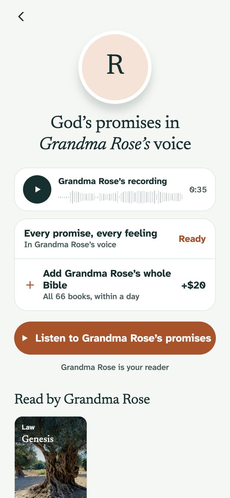 Grandma Rose’s page in the app: her recording, every promise ready in her voice, and a button to listen.